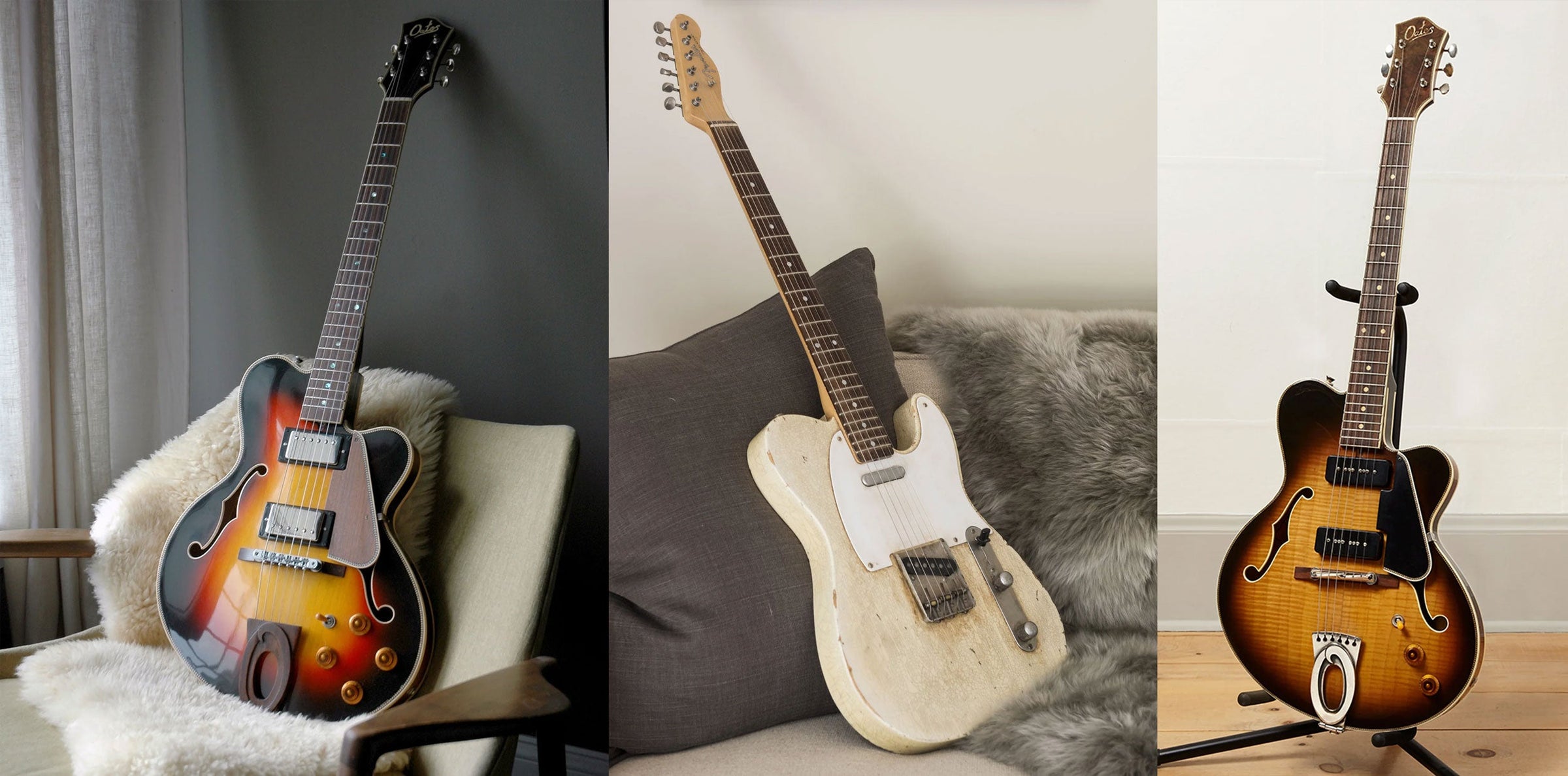 Compilation of three photos of handcrafted Oates Guitars on midcentury modern furniture with sheepskins and linen pillows