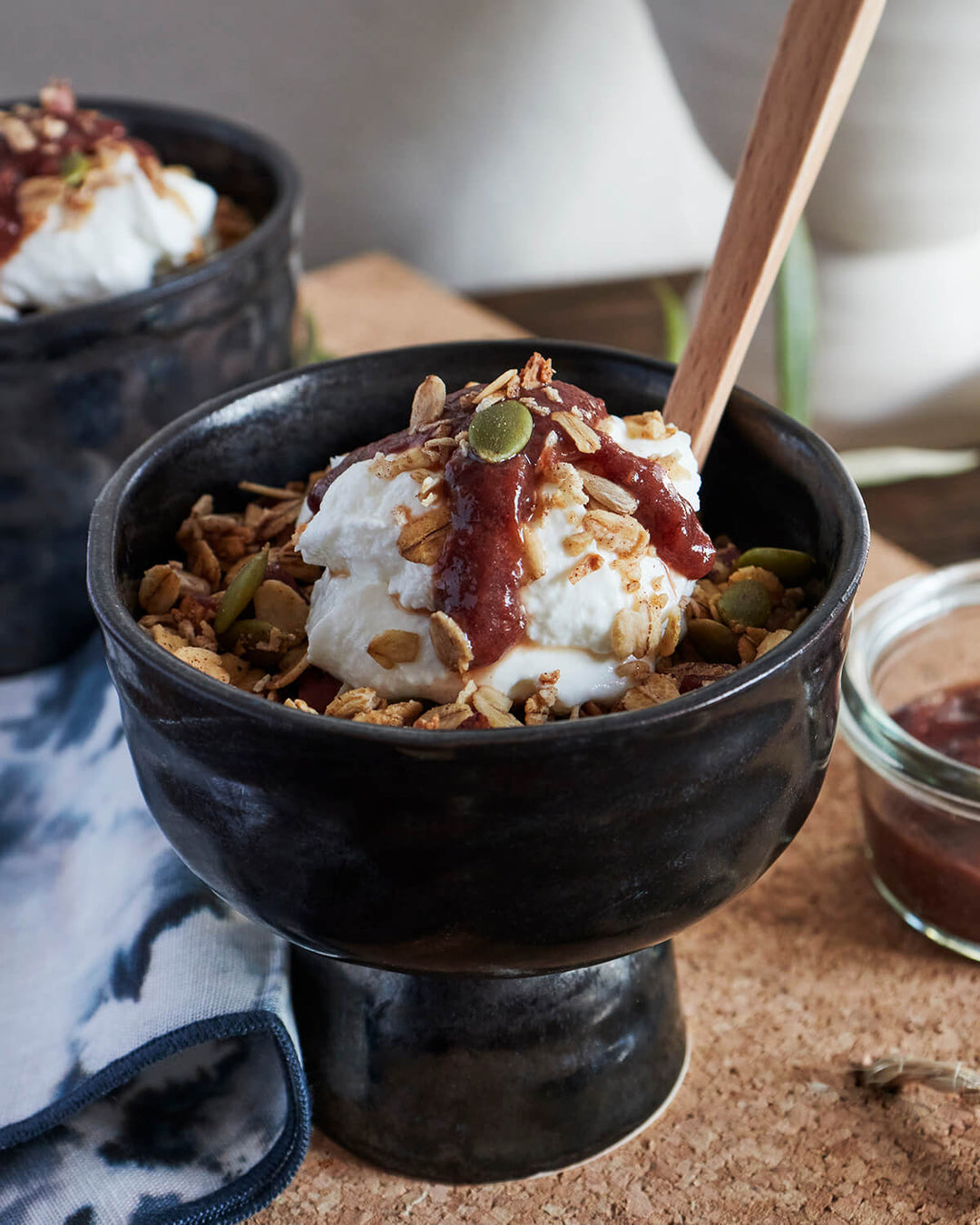 DBO Home Bare Coupes in Mussel, filled with coconut yogurt, granola, and jam from Bourke Street Bakery