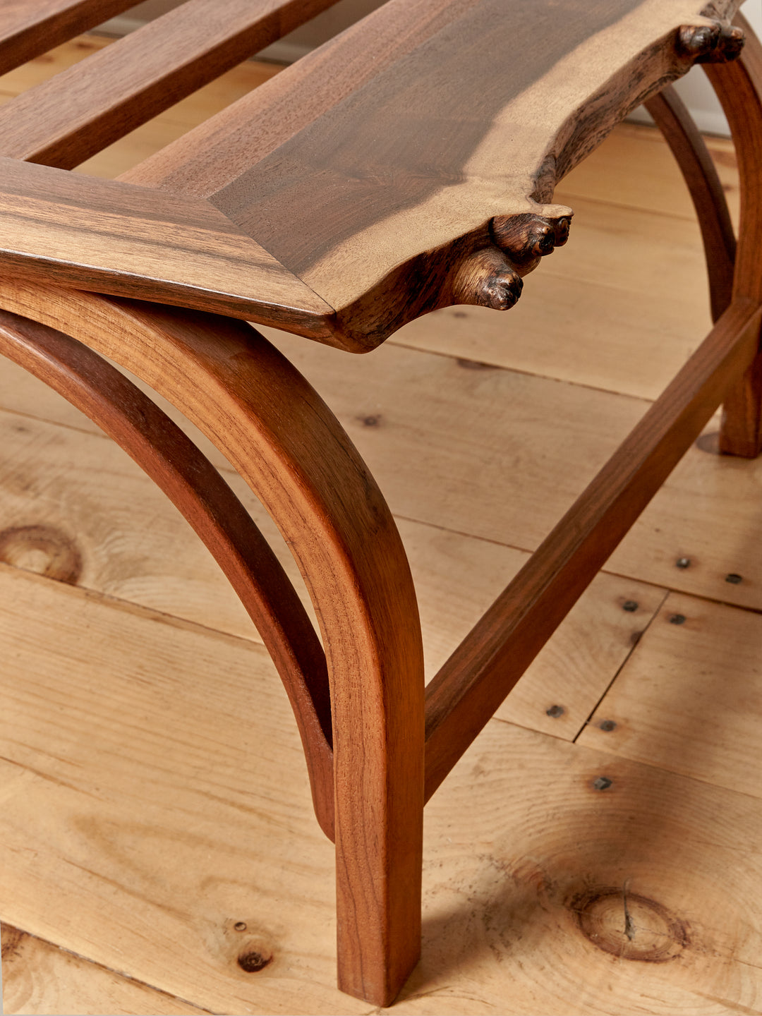 Bentleg Bench live edge claro walnut detail made to order custom furniture