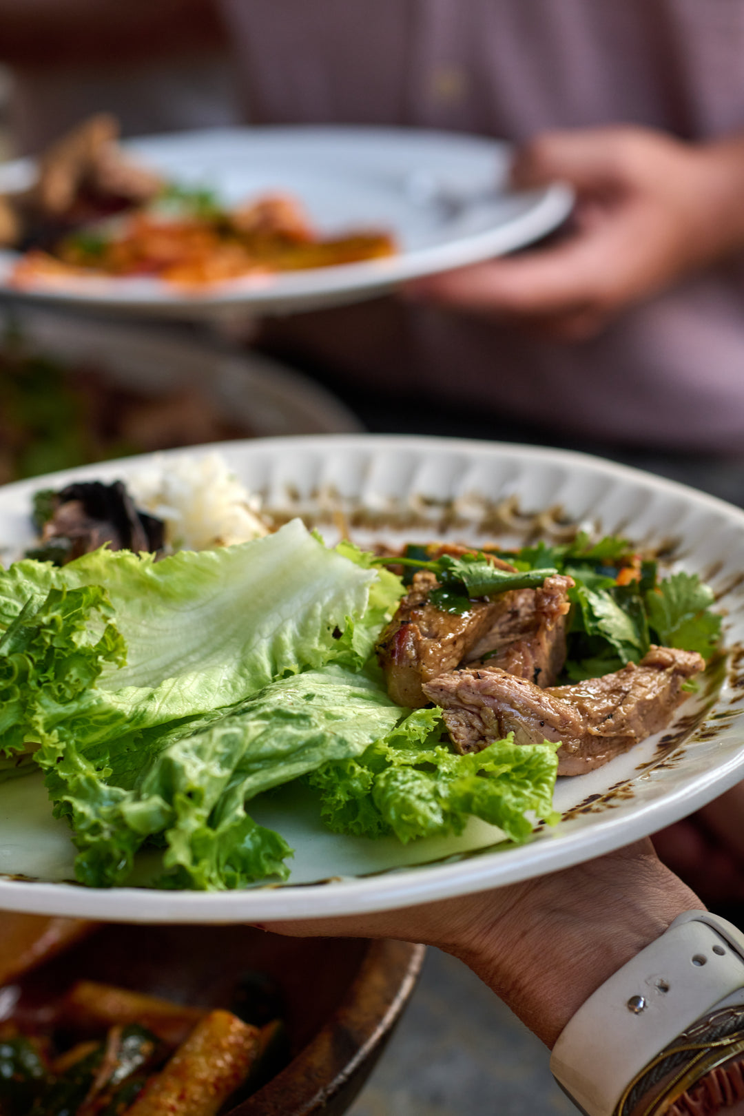 A hand holding a Nonna Dinner Plate in Bronze Drip filled with lettuce leaves, roast pork with cilantro and rice, another full plate blurred behind.