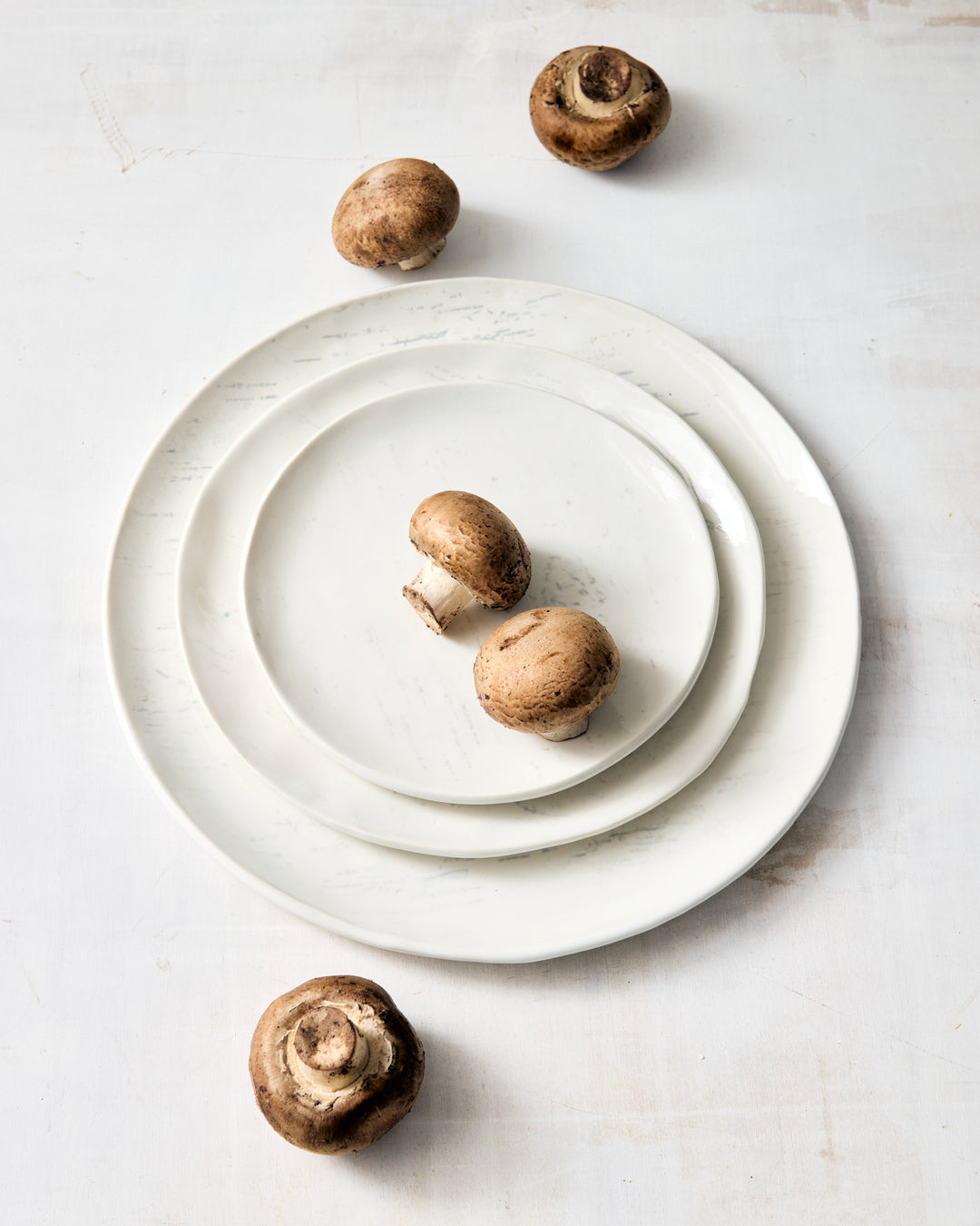 Three handmade porcelain plates from DBO Home's Birch collection stacked overhead — a bread plate, salad plate, and dinner plate in Salt n Pepper glaze with birch bark-impressed texture, styled with cremini mushrooms