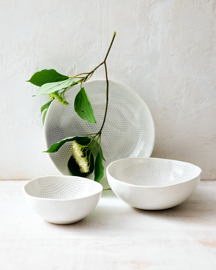 Three artisan ceramic bowls from DBO HOME's Honeycomb collection — a small bowl, a serving bowl, and a large round bowl propped upright — styled with a leafy green branch against a pale plaster wall.