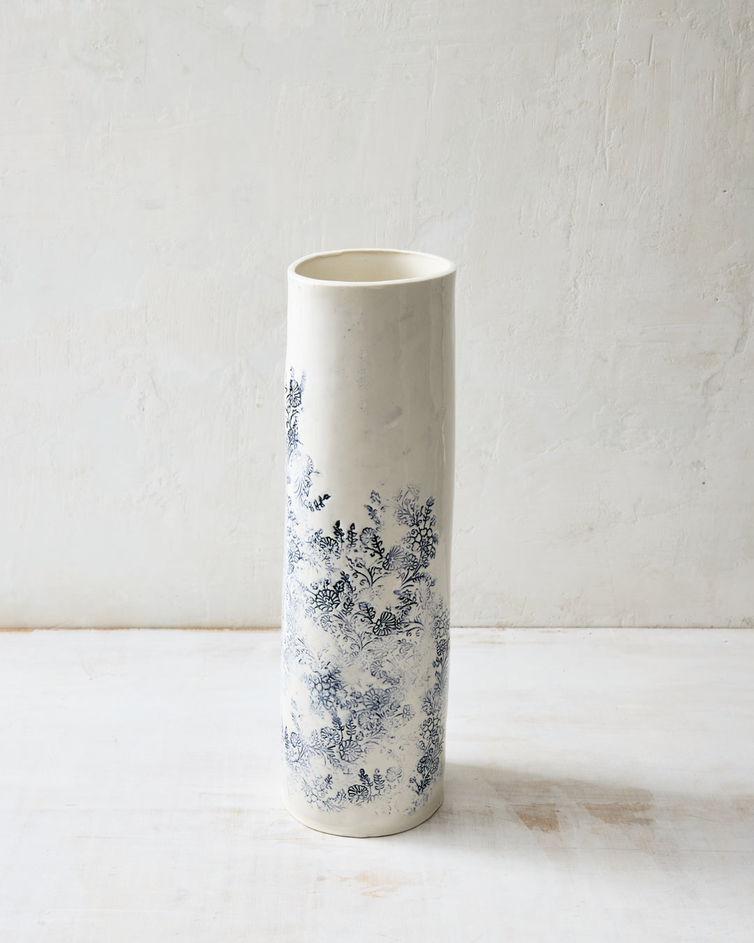 Kashmir tall porcelain vase with blue indigo floral pattern, handmade ceramic vase for long stems and branches.