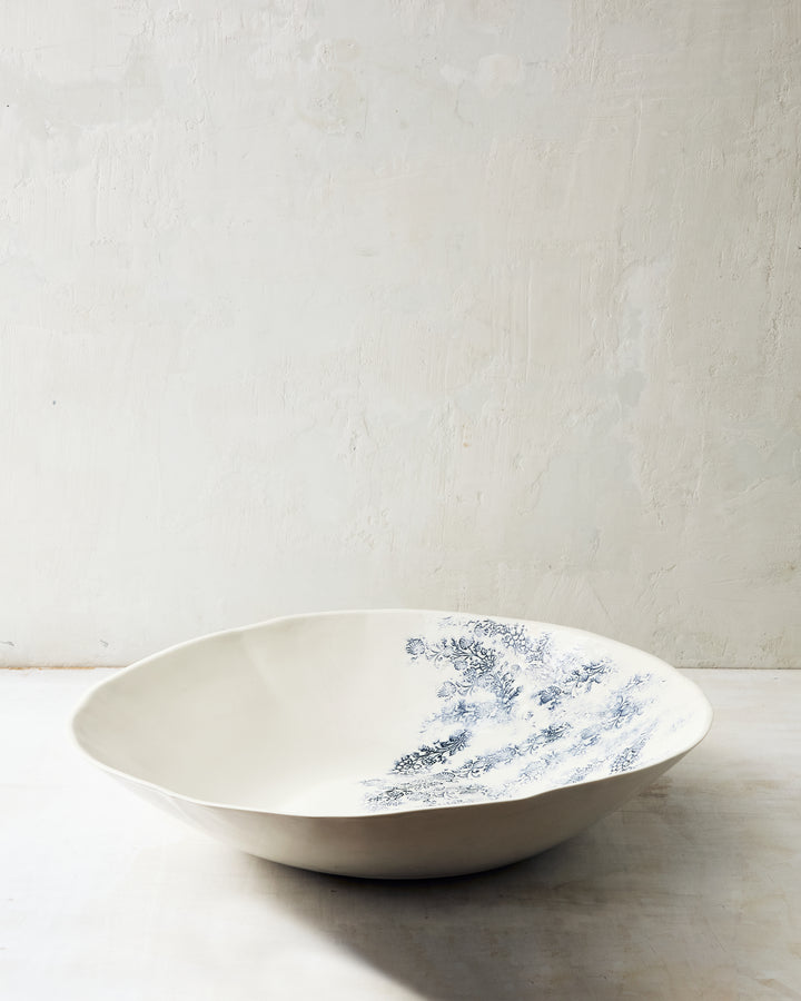 Handmade Kashmir XL bowl in white porcelain with blue floral pattern, generous scale for serving and sharing.