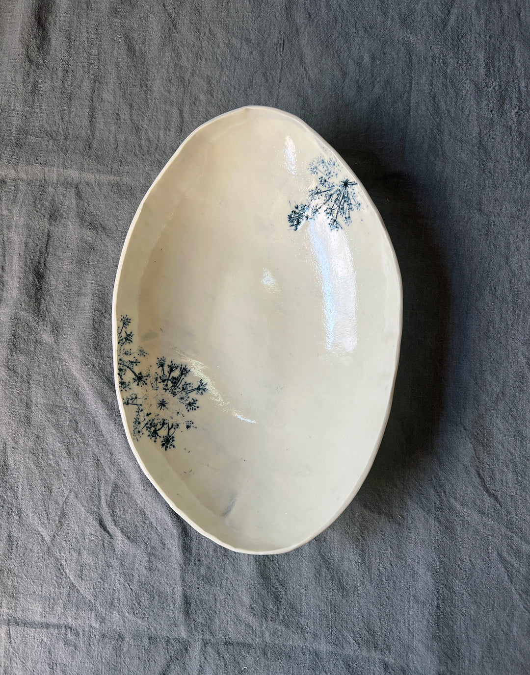 Queen Anne's Lace Oval Bowl - Indigo Glaze