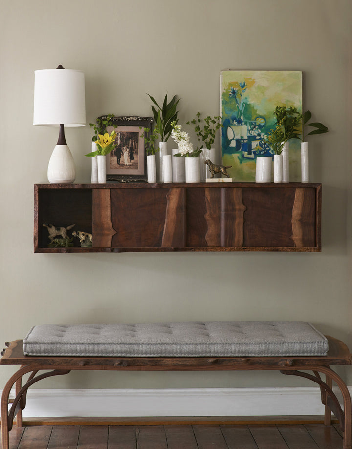 Daniel Oates for DBO HOME Claro Walnut Live Edge Floating Sideboard and Bentleg Bench