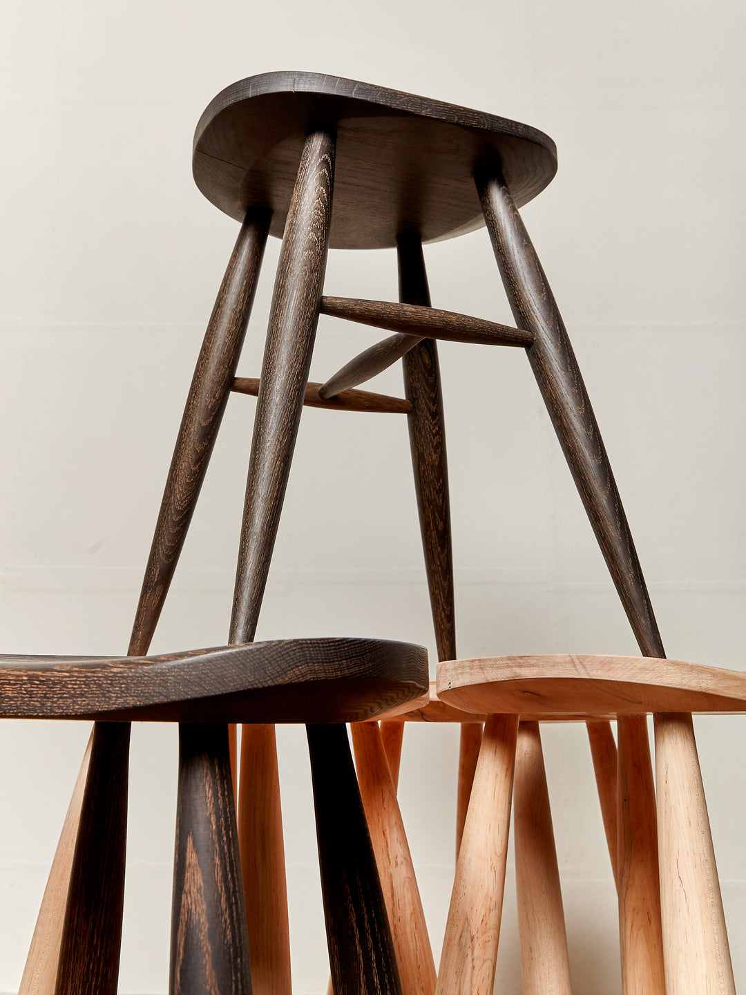 Devon Stools Detail Set of Short and Tall Bleached Maple and Oxidized Oak Kitchen Dining Stools Farmhouse Chic