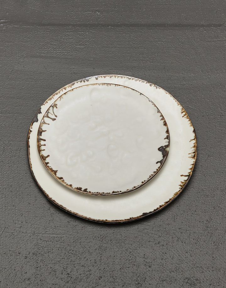 artisan ceramic luxury dinner plate and salad plate, textured white porcelain with decorative bronze drip edges