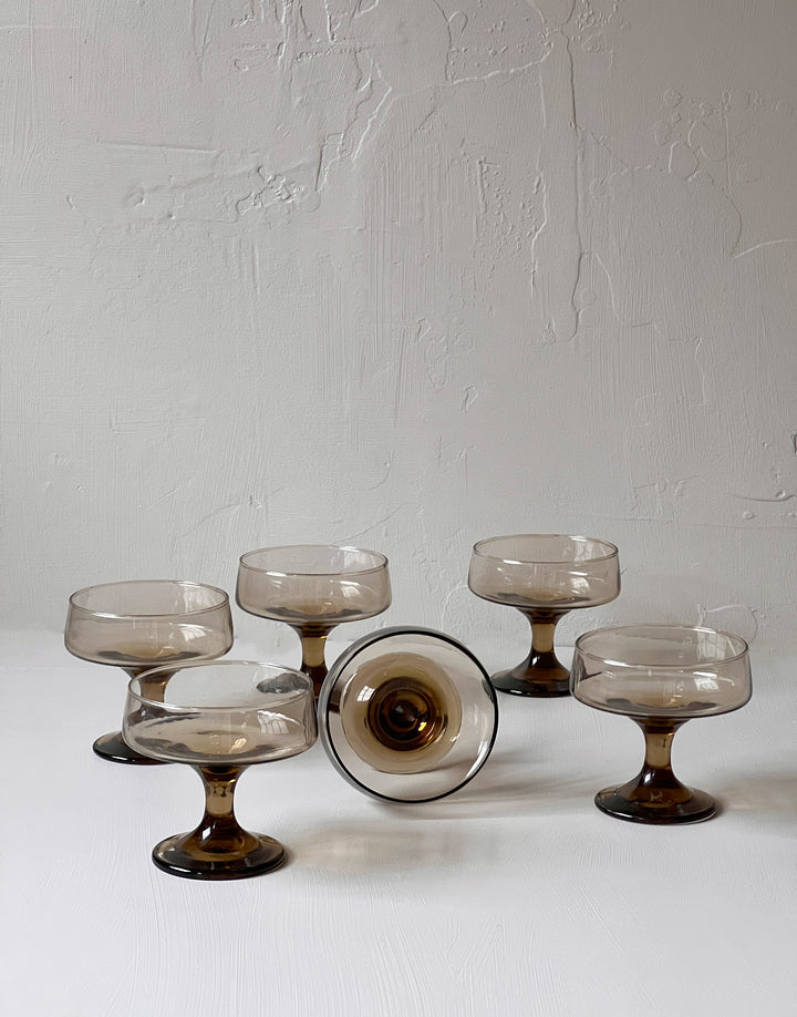 Vintage Mid Century Modern Smoky Brown Coupes (set of 6)