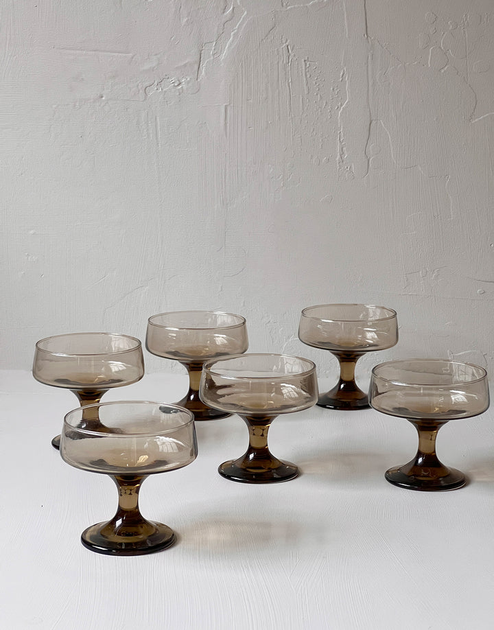 Vintage Mid Century Modern Smoky Brown Coupes (set of 6)